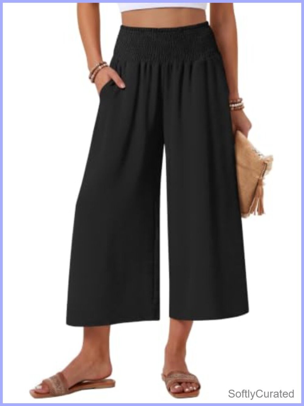 Womens Capri Pants Wide Leg Boho Palazzo Smocked High Rise Pull On